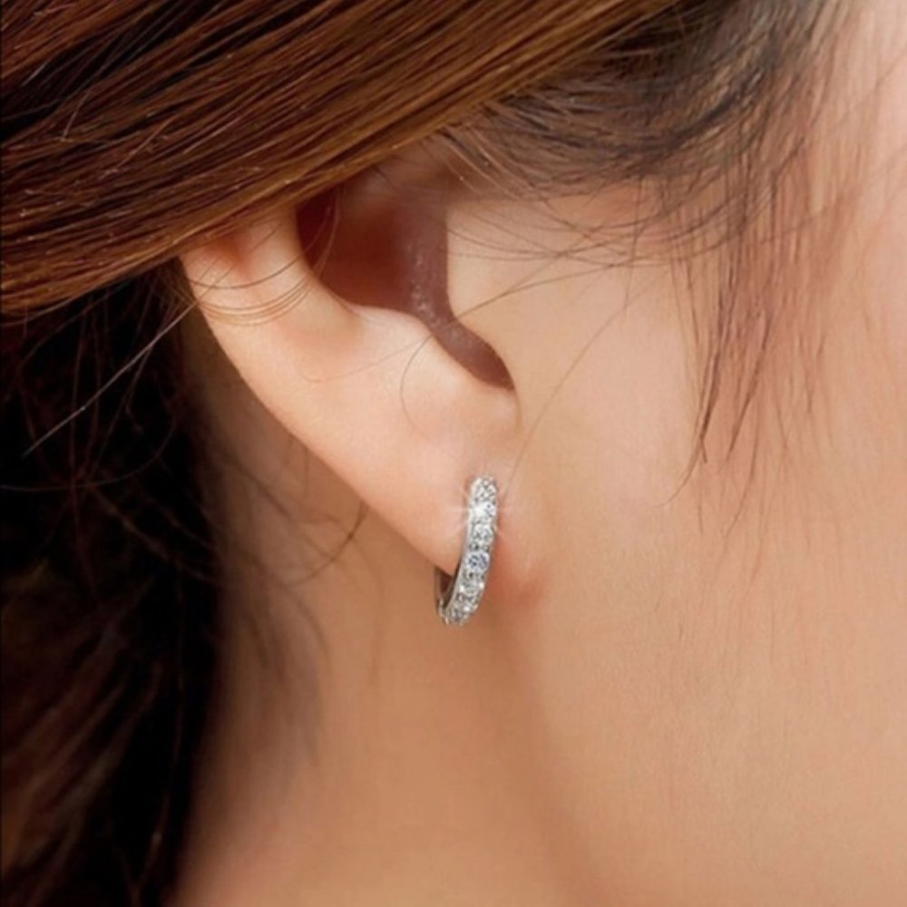 NEW 925 Sterling Silver Diamond Hoop Earrings - Picture 2 of 7